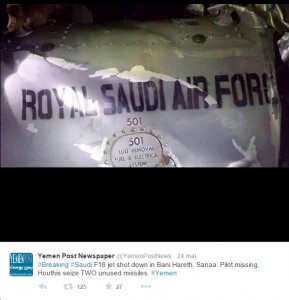 Le tweet du Yemen Post sur le crash du F-16 saoudien.