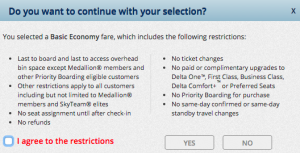 La fenêtre d'avertissement sur les restrictions de la basic economy.